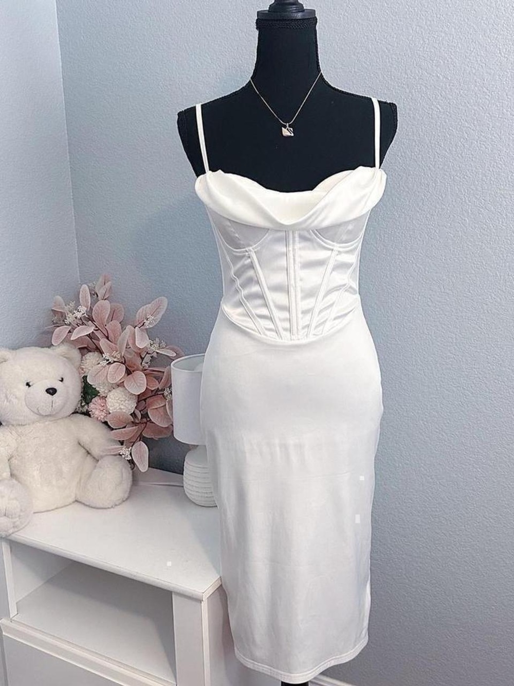 White Satin Corset Midi Dress with Cowl Neck